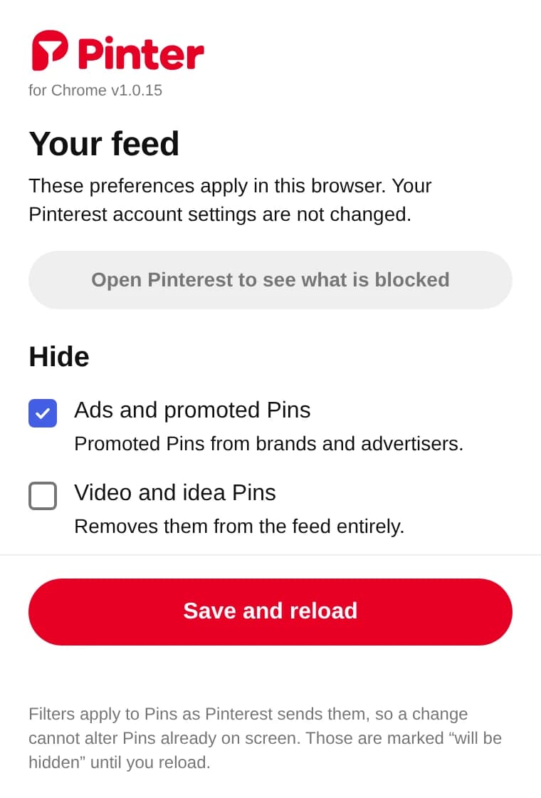 The Pinter menu in Chrome, with ads and promoted pins ticked and a Save and reload button
