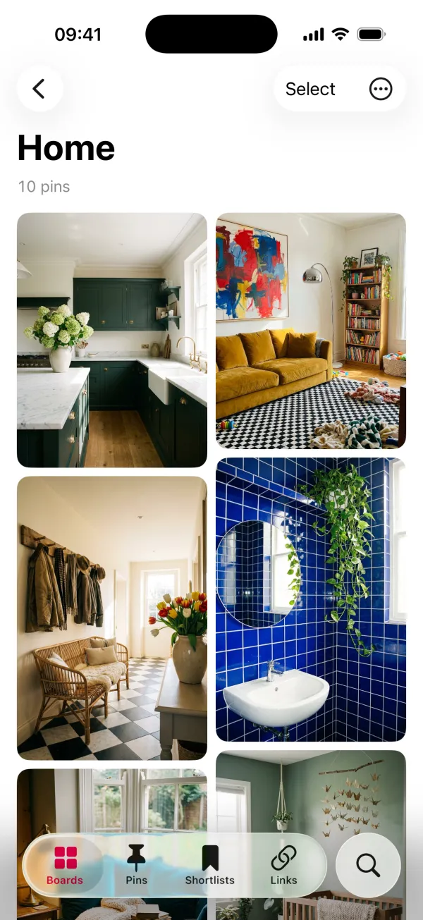A board called Home open in Pinx on an iPhone: a grid of kitchen, living room, hallway and bathroom pins, with no ads or suggested pins between them