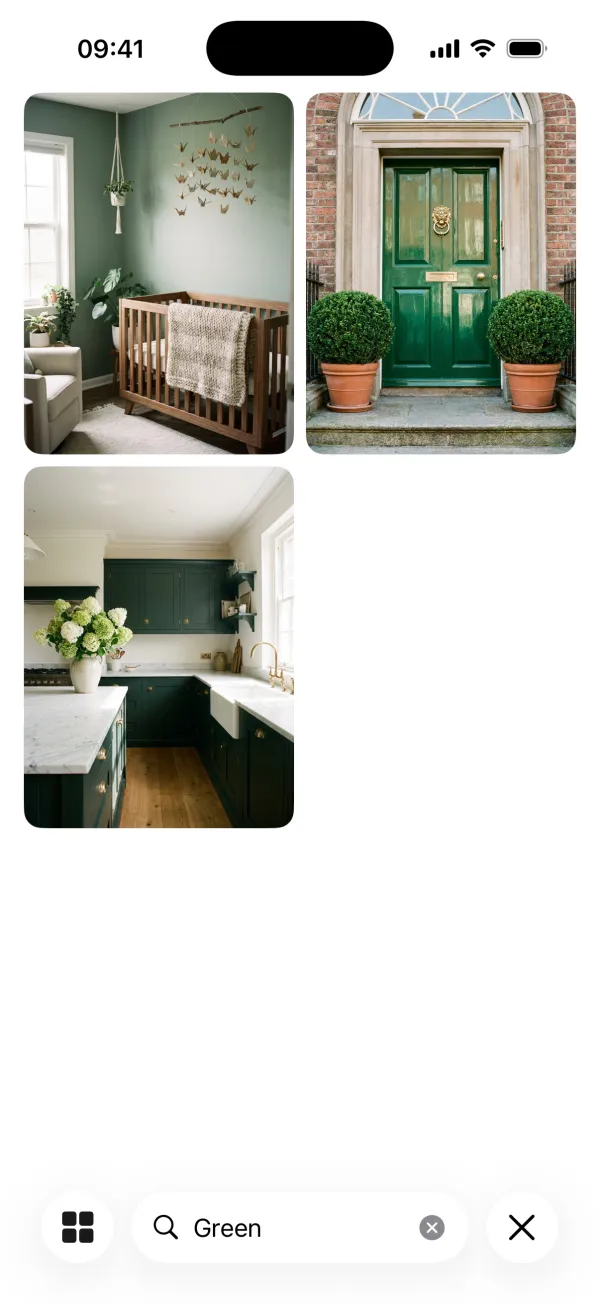 Pinx search results for the word green: a sage green nursery, a green front door and a green kitchen, from different boards
