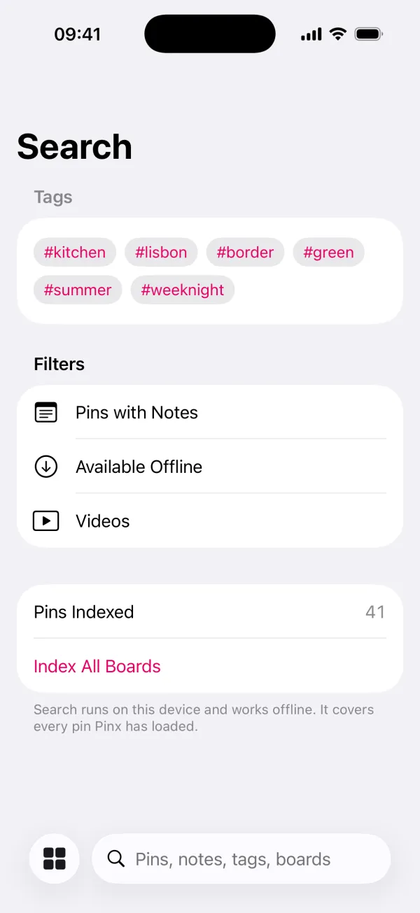 Pinx’s search screen on an iPhone: tags to tap, such as #kitchen, #lisbon and #green, filters for Pins with Notes, Available Offline and Videos, a count of 41 pins indexed and an Index All Boards button