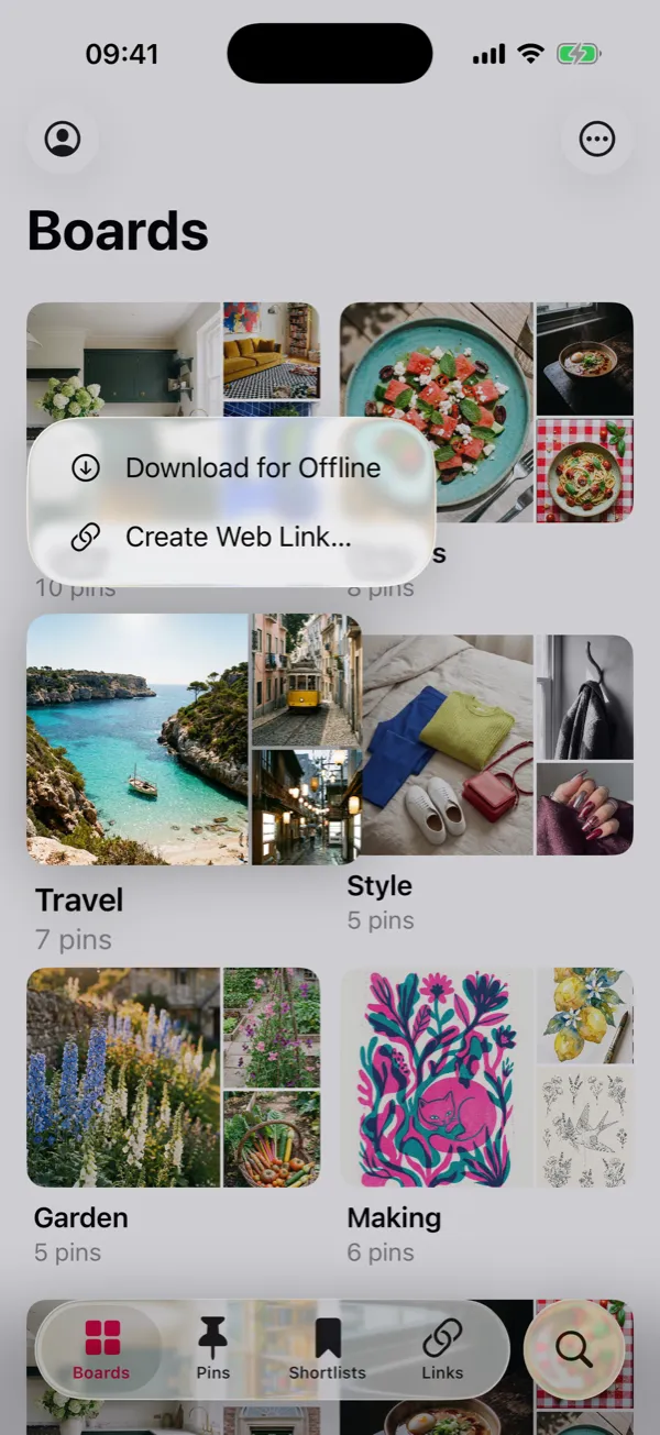 Pinx’s list of boards on an iPhone. The Travel board is pressed, and a menu above it shows Download for Offline and Create Web Link