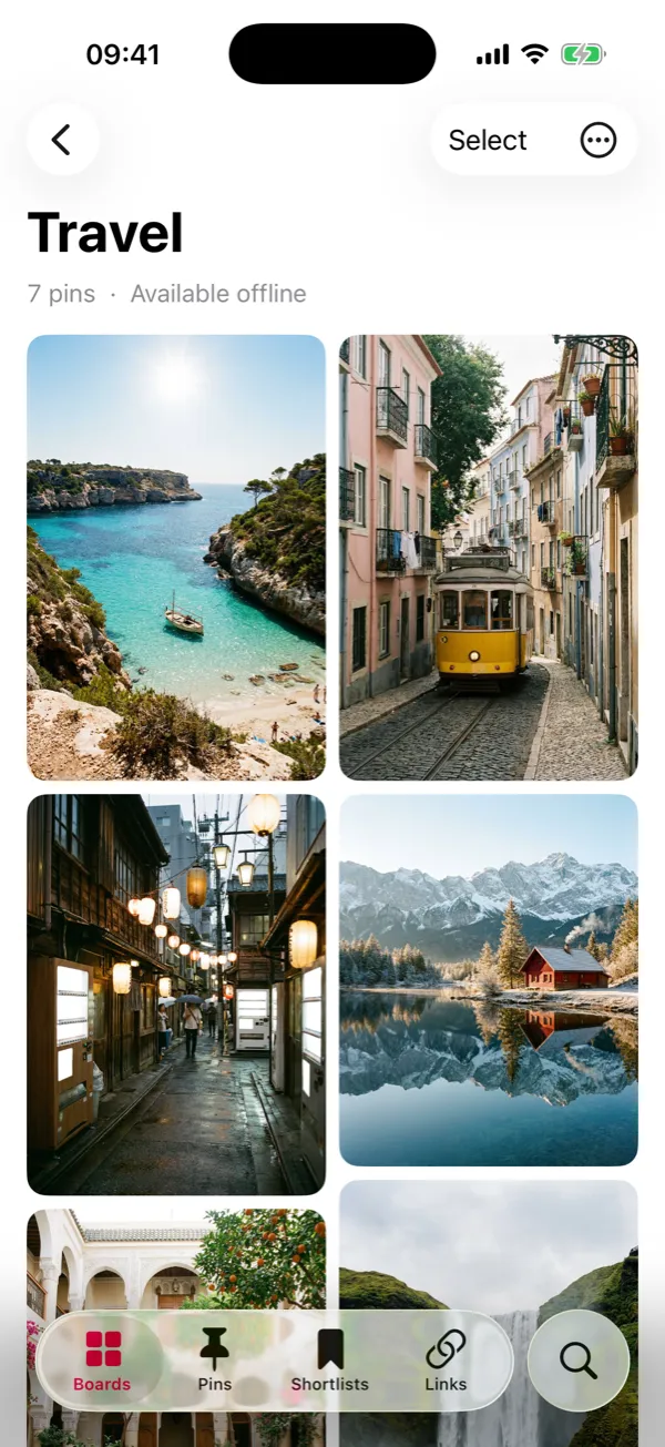 The Travel board open in Pinx on an iPhone. Under the title it says 7 pins, Available offline, above a grid of photos of a cove, a Lisbon tram, a lantern-lit street and a lake below mountains