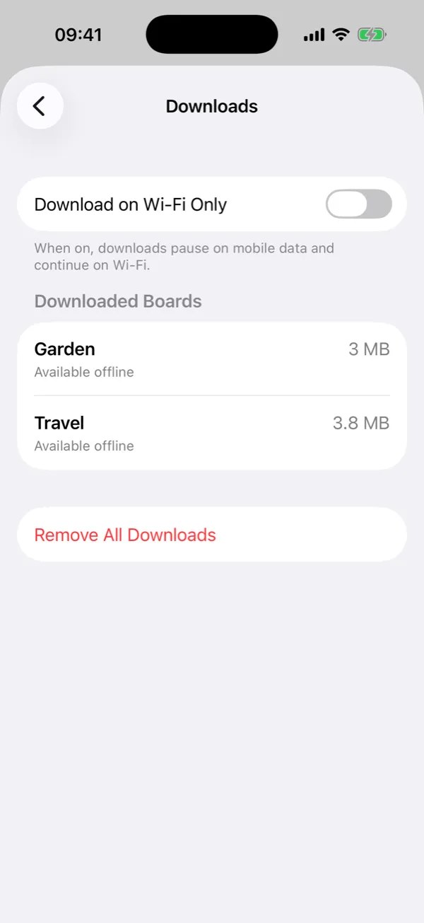 The Downloads screen in Pinx’s settings. A Download on Wi-Fi Only switch is off. Under Downloaded Boards, Garden takes 3 MB and Travel 3.8 MB, both Available offline, and there is a Remove All Downloads button