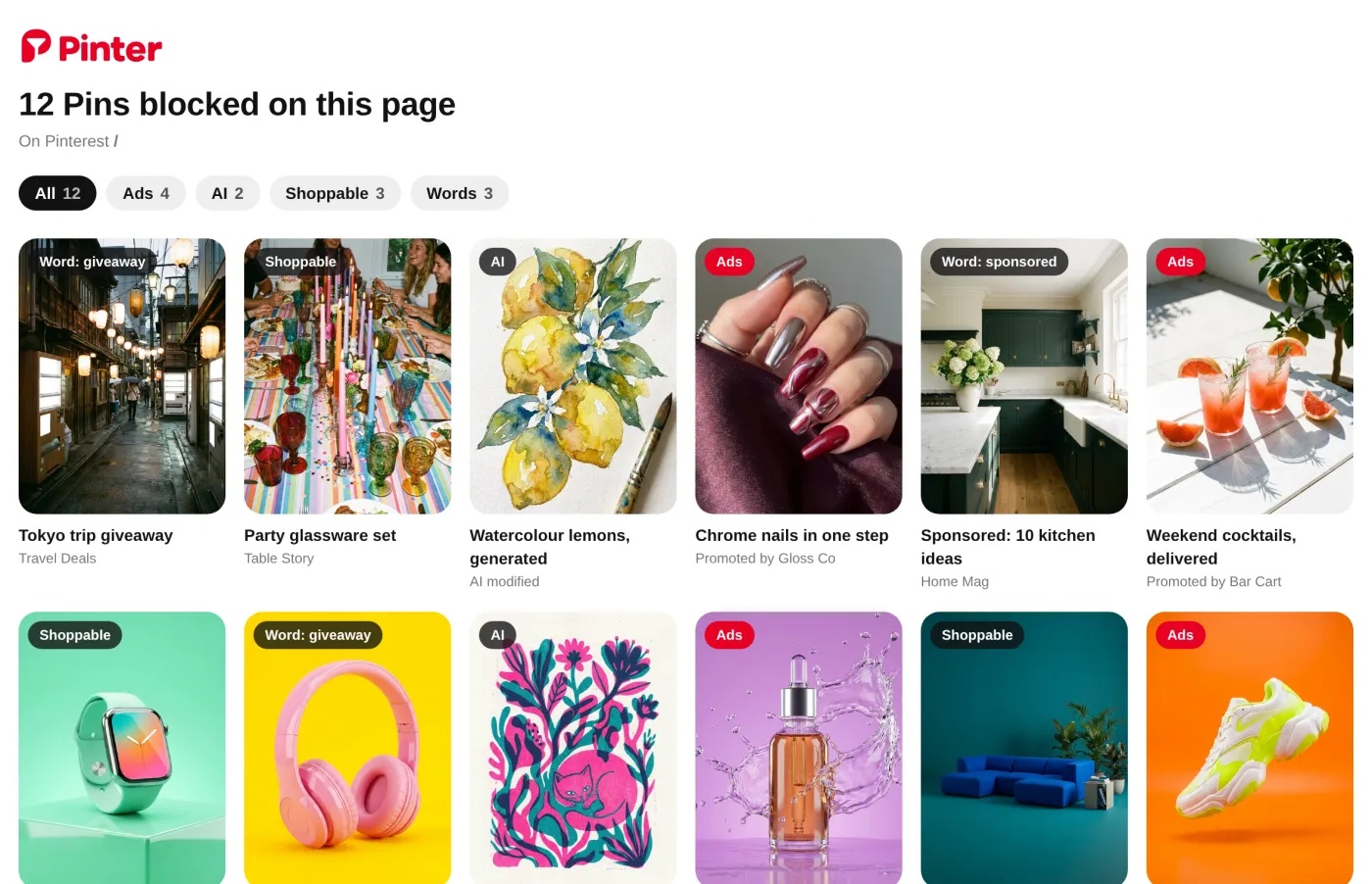Pinter’s page listing 12 pins it hid on one Pinterest page, with tabs for Ads, AI, Shoppable and Words. The pins include nails and cocktails marked Ads, glassware, a smartwatch and a sofa marked Shoppable, and two illustrations marked AI